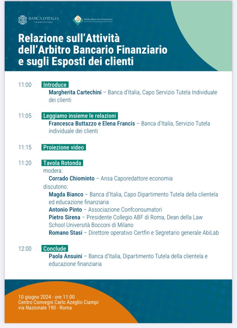 Antonio Pinto oggi a Roma relatore per la presentazione della Relazione sull'attività dell'Arbitro Bancario e Finanziario