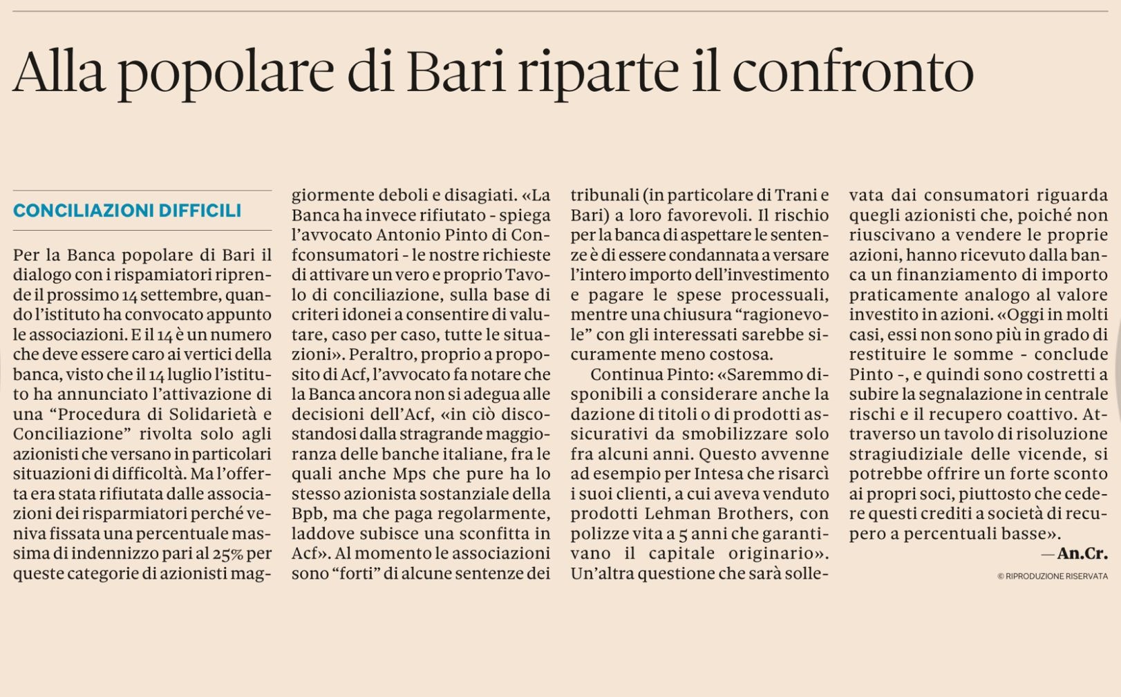 Antonio Pinto intervistato da IlSole24Ore sulla vicenda Banca Popolare di Bari.