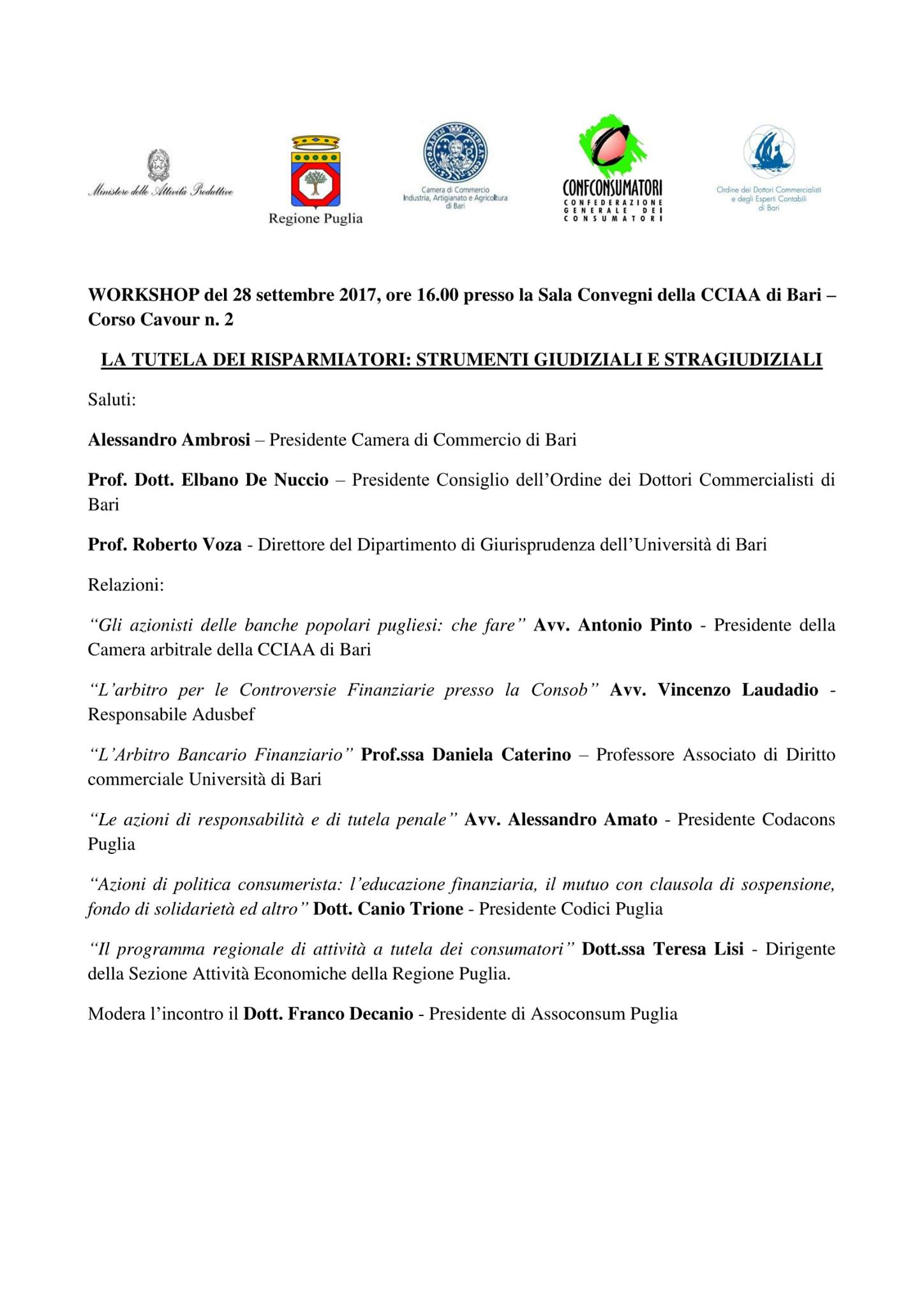 Antonio Pinto fra gli organizzatori e relatori dell’incontro per gli azionisti delle banche popolari pugliesi, svoltosi presso la Camera di Commercio di Bari