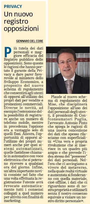 Antonio Pinto intervistato su L’Edicola del Sud sul nuovo registro delle opposizioni al telemarketing