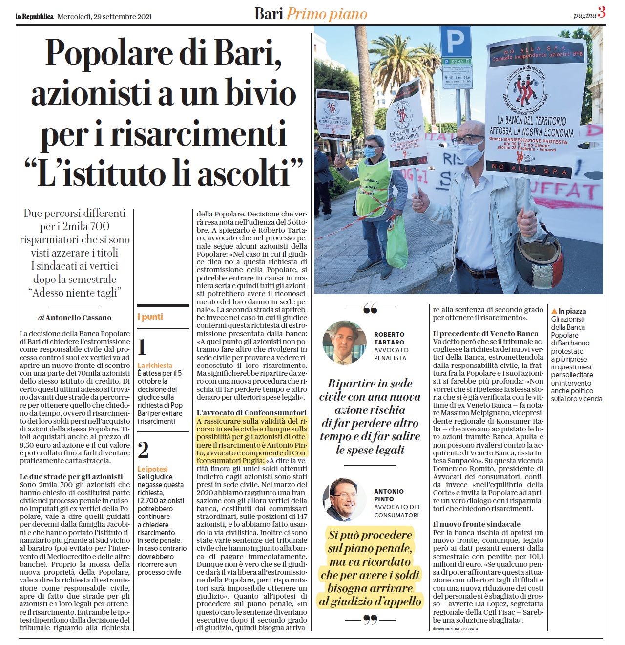 Antonio Pinto intervistato su Repubblica per la vicenda Banca Popolare di Bari