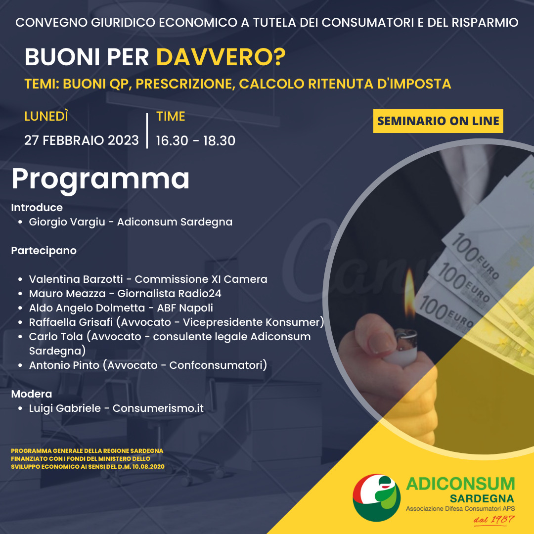 Antonio Pinto relatore nel webinar, organizzato da Adiconsum, sulle criticità dei Buoni fruttiferi postali e sulle soluzioni per i risparmiatori