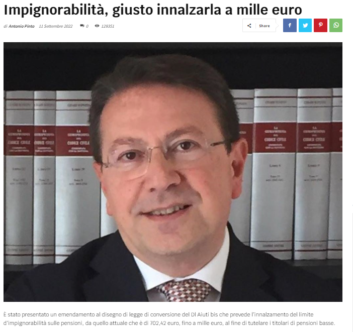 Articolo di Antonio Pinto su L'Edicola del Sud sull'emendamento al DL Aiuti bis, per portare a mille euro il limite di impignorabilità delle pensioni.