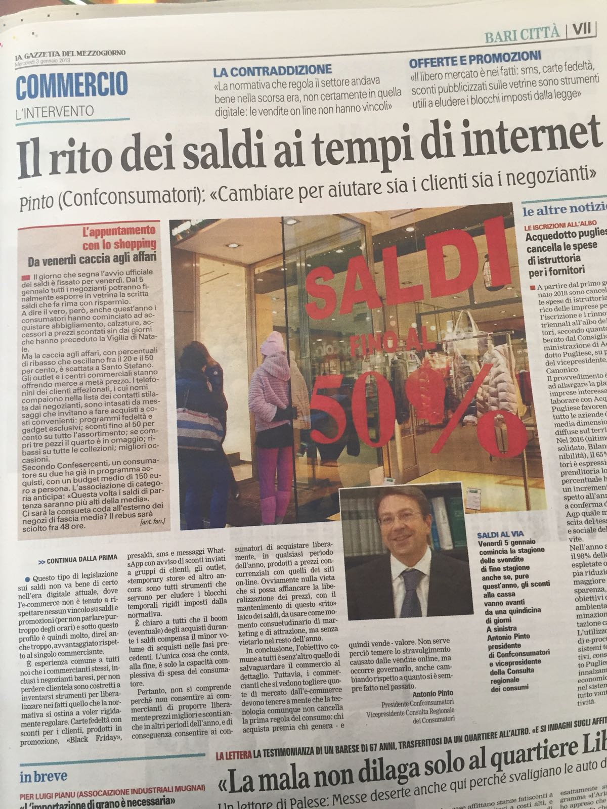 Antonio Pinto sulla Gazzetta del Mezzogiorno del 03.01.2018, intervento in materia di liberalizzazioni nel settore del commercio