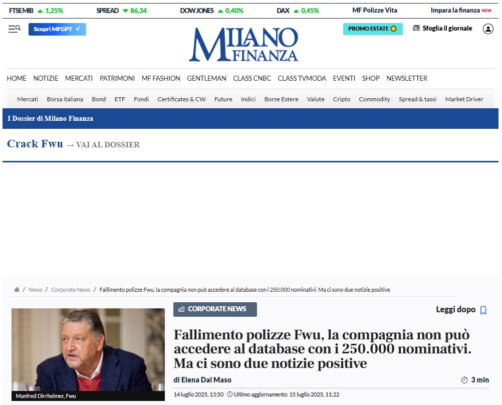 Intervista di Milano Finanza ad Antonio Pinto sulla nuova comunicazione che il Commissario di FWU ha inviato ai clienti, fra i quali vi sono 110.000 risparmiatori italiani.