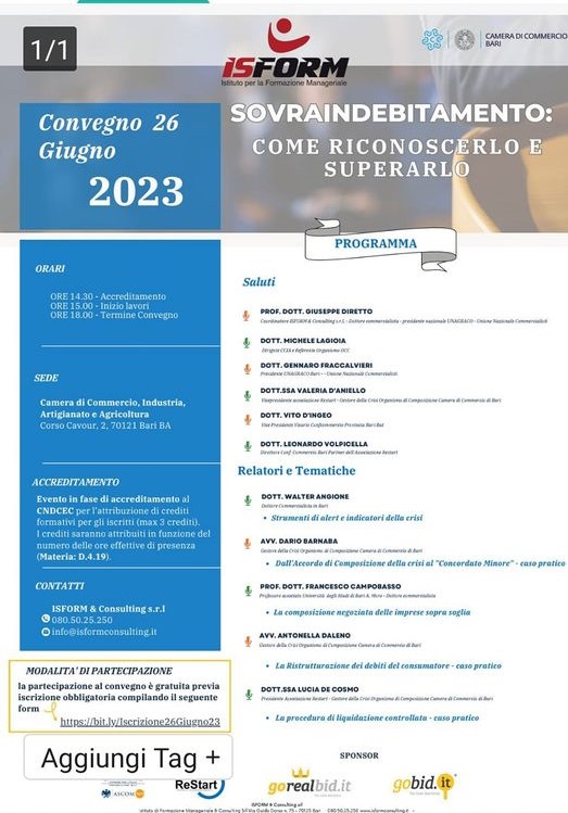 Dario Barnaba relatore in un convegno sul tema del sovraindebitamento, presso la Camera di Commercio di Bari e Bat.