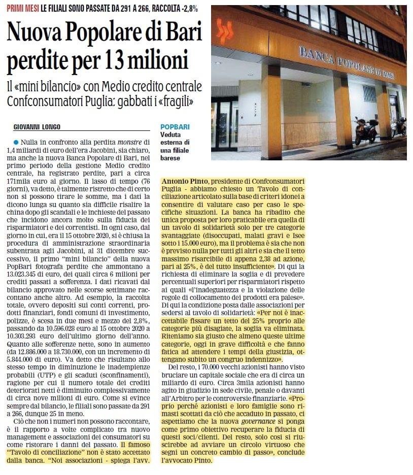 Antonio Pinto intervistato dalla Gazzetta del Mezzogiorno per fare il punto sulla nuova Banca Popolare di Bari.