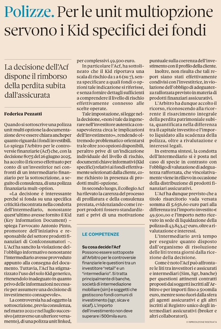 Antonio Pinto intervistato dal Sole 24 Ore per una Decisione ottenuta dinanzi all’ACF che ha condannato banca intermediaria a risarcire risparmiatore per vendita di una polizza assicurativa con un kid avente informazioni poco trasparenti