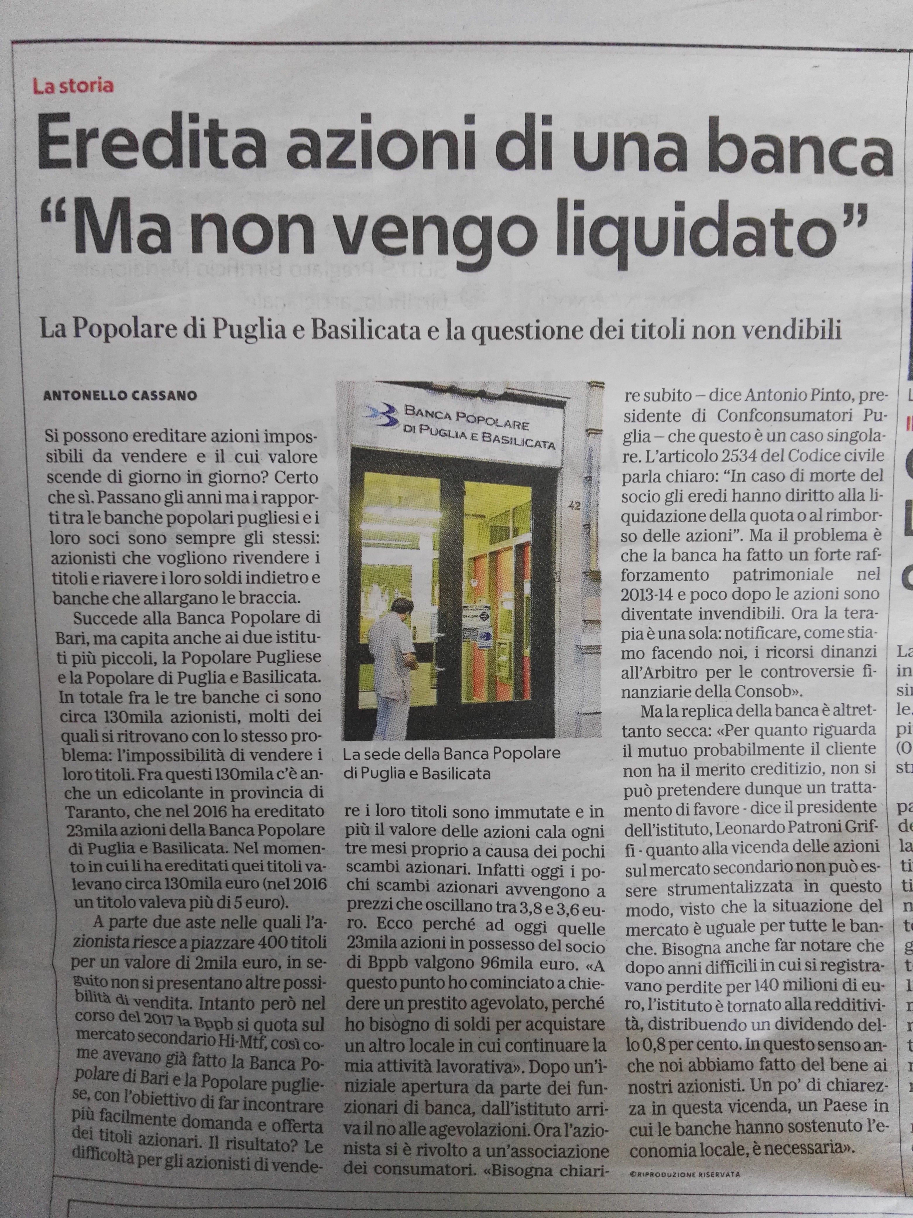 Intervista a Repubblica di Antonio Pinto su azionisti della Banca Popolare di Puglia e Basilicata