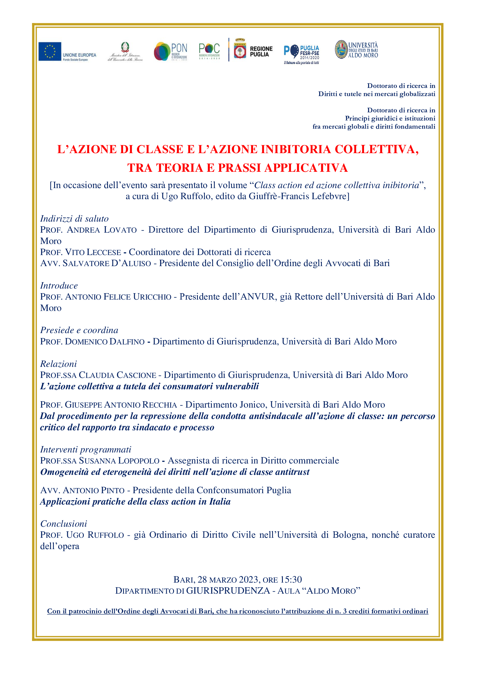 Antonio Pinto relatore al Convegno organizzato dall'Università di Bari - Dipartimento di Giurisprudenza sul tema della Class Action