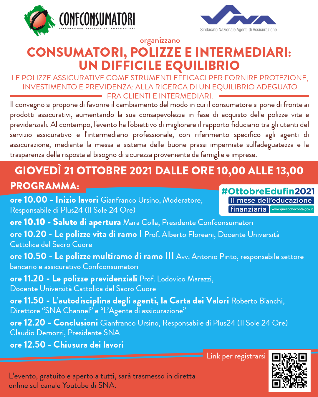 Antonio Pinto relatore a Milano sul tema delle polizze assicurative multiramo, con sottostante prodotti finanziari. Webinar organizzato da Conconsumatori e Sindacato Nazionale Agenti per il mese dell'Educazione finanziaria.