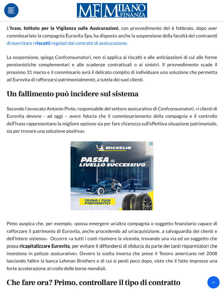 Antonio Pinto intervistato su Milano Finanza sulla vicenda del commissariamento della Compagni di assicurazioni Eurovita