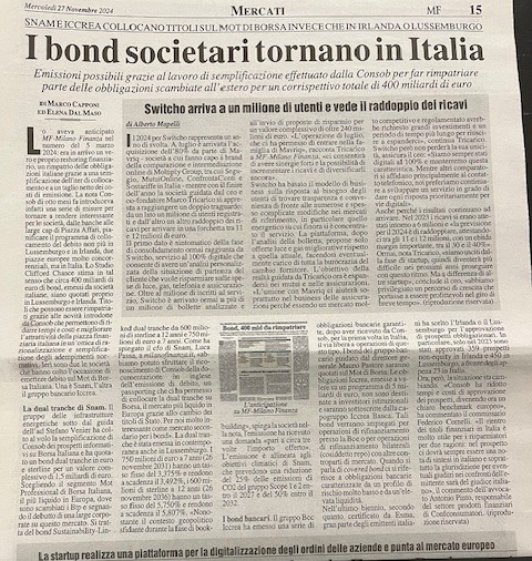 Antonio Pinto intervistato su Milano Finanza del 27.11, sul tema delle utili semplificazioni introdotte dalla Consob per favorire il ritorno in Italia delle quotazioni di emissioni di bond sul MOT