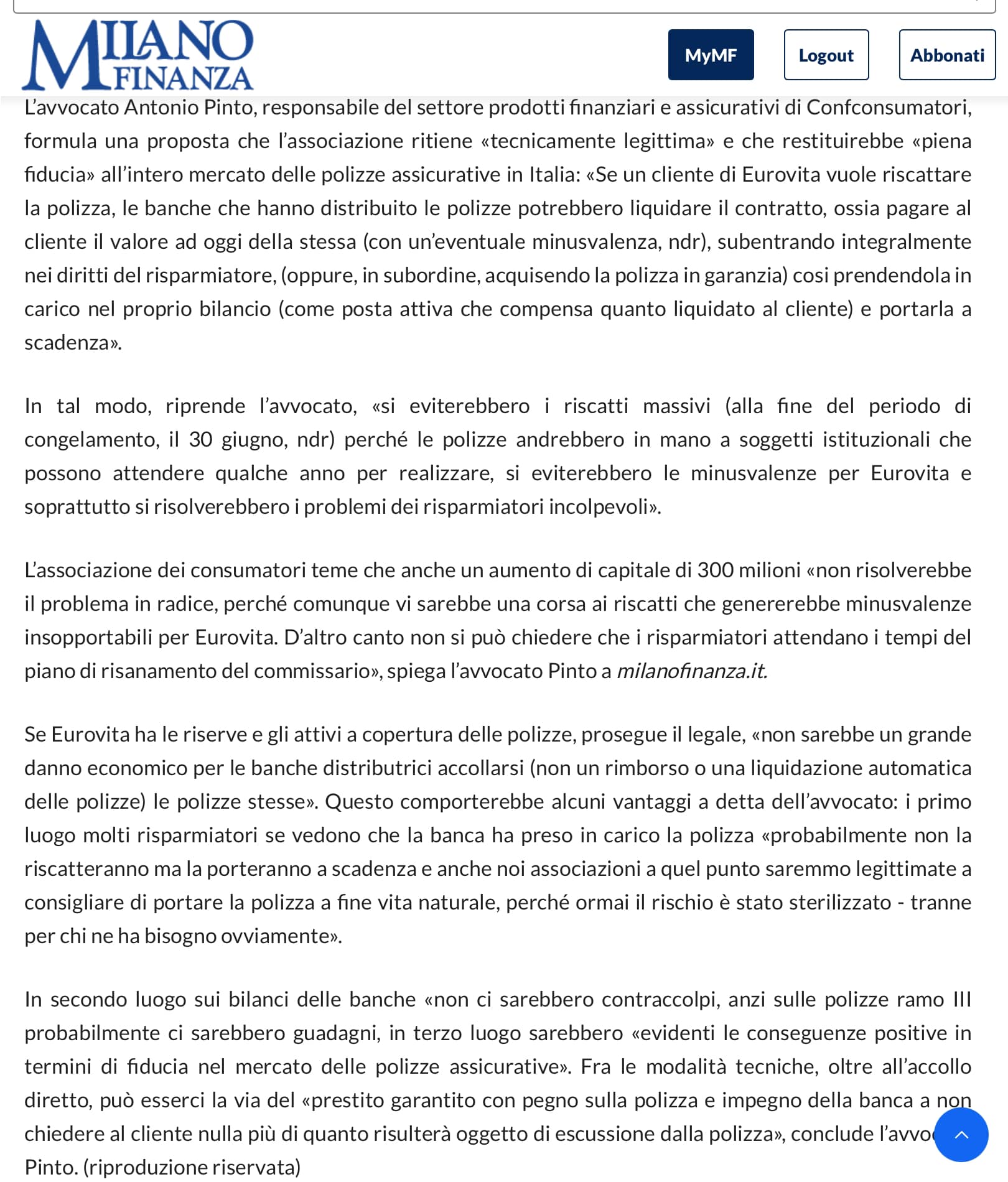 Intervista di Antonio Pinto di Milano Finanza sulla vicenda della Compagnia assicurativa Eurovita