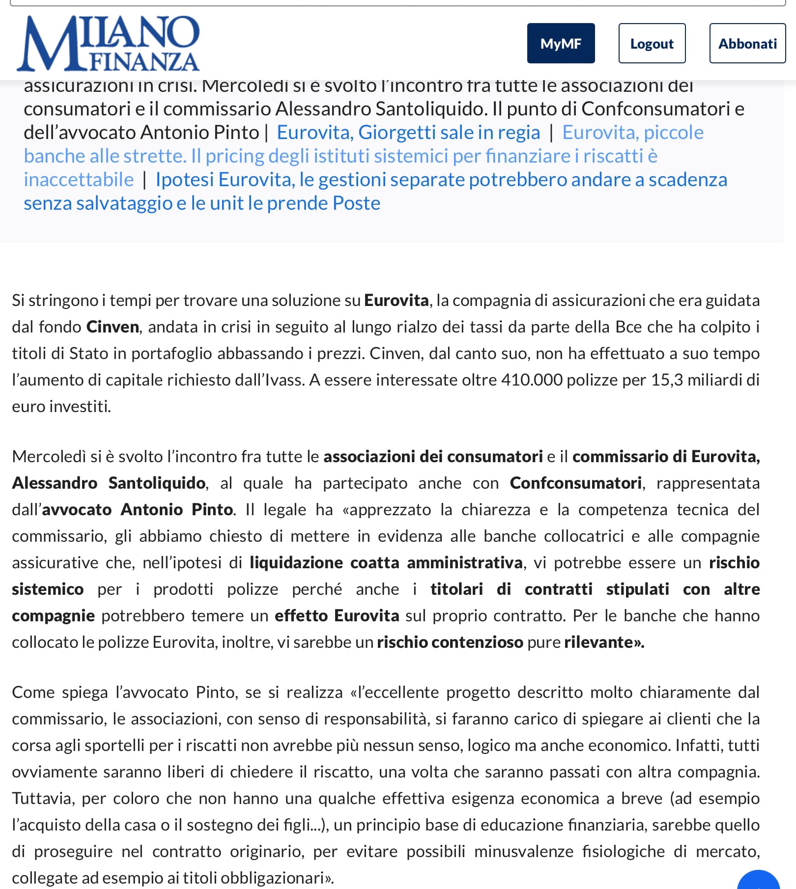 Antonio Pinto intervistato sul Sole24Ore e MilanoFinanza, sulle vicende della Compagnia di assicurazioni Eurovita