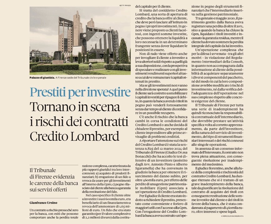 Antonio Pinto e Alberto Sgaramella sul Sole 24Ore per aver ottenuto condanna della banca a restituire le somme investite tramite Credito Lombard