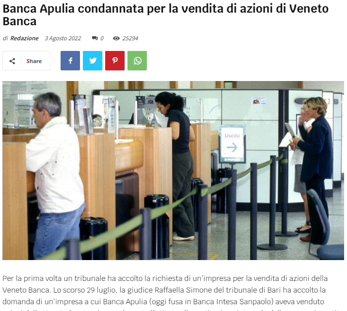 Antonio Pinto e Antonio Amendola ottengono la sentenza del Tribunale di Bari per il riconoscimento di Banca Intesa come responsabile delle vendite di azioni Veneto Banca