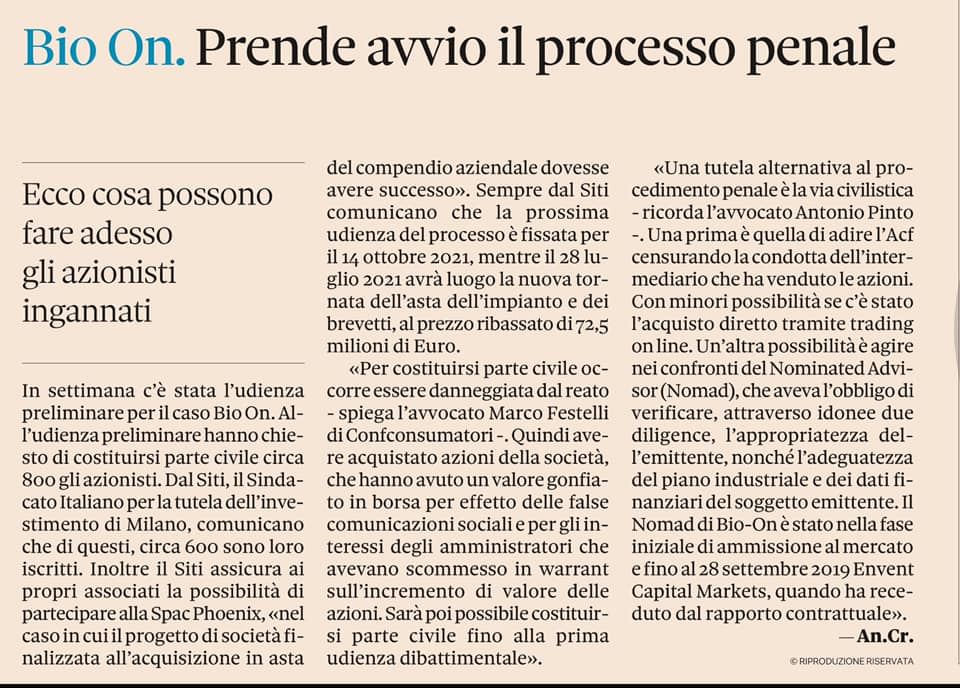 Antonio Pinto intervistato sul Sole 24Ore sul fallimento di BIO-ON e sulla possibilità di far valere la responsabilità civile del Nominated Advisor della società quotata sull’AIM e poi fallita.