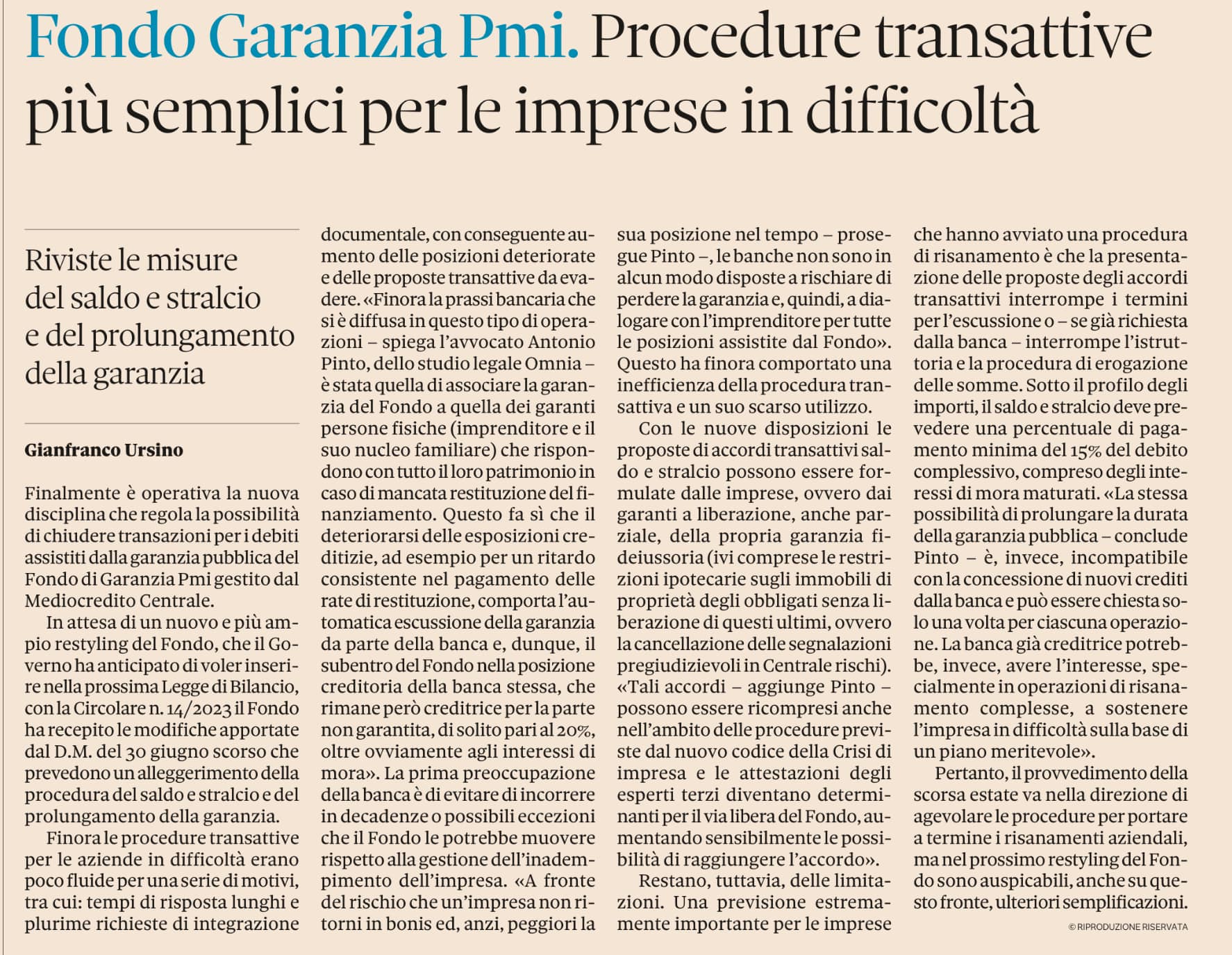 Antonio Pinto intervistato sul Sole24ore sulla nuova disciplina che regola la possibilità per le aziende di chiudere transazioni per i debiti assistiti dalla garanzia pubblica del fondo di Garanzia PMI