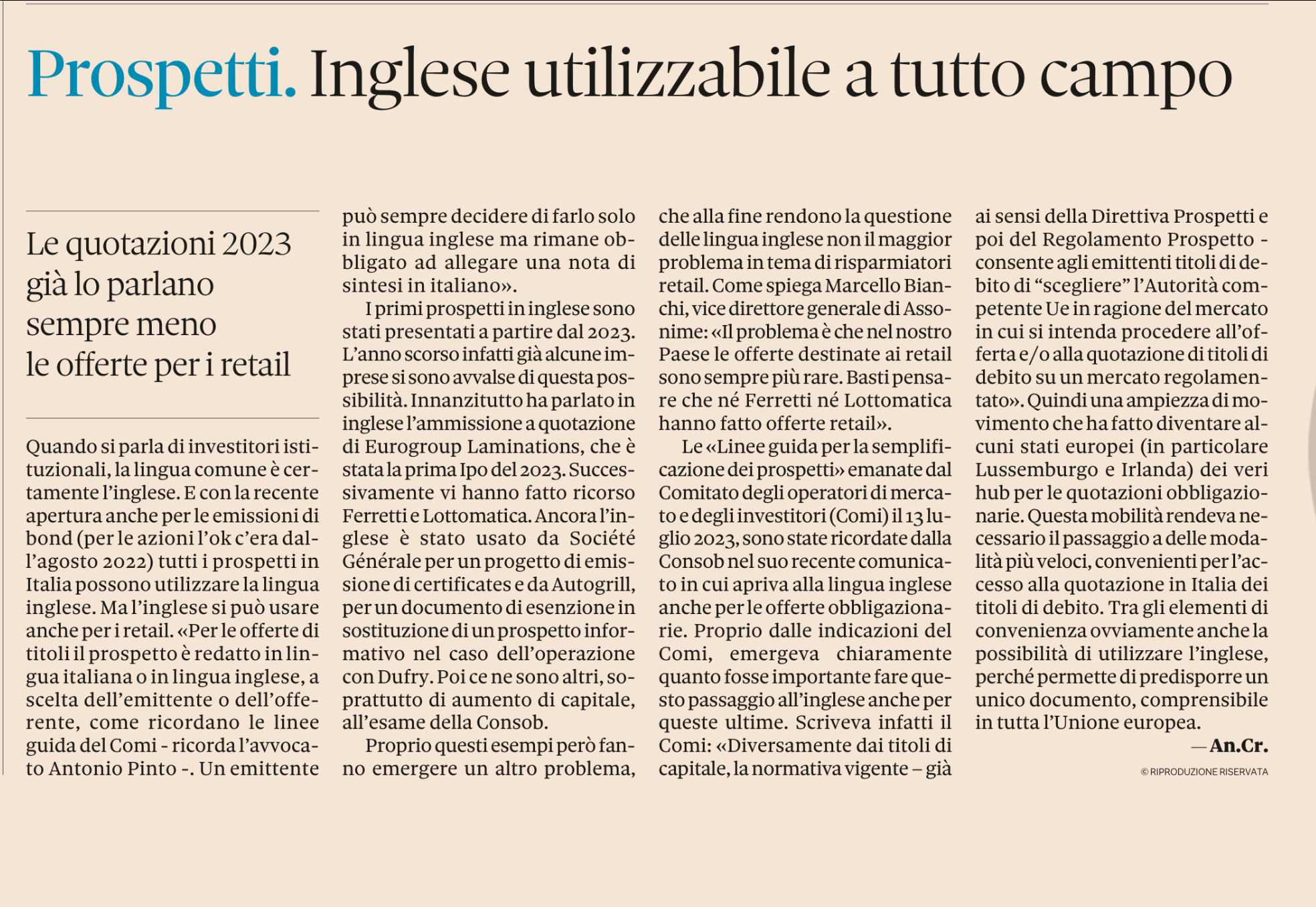 Antonio Pinto sul Sole24ore - Plus 24 commenta le semplificazioni che la Consob ha apportato ai prospetti, con le modifiche al Regolamento Emittenti