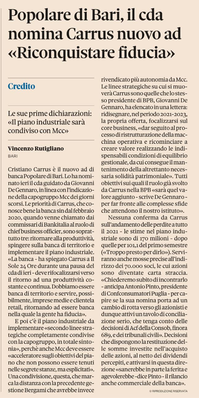 Antonio Pinto intervistato dal Sole 24Ore sulla nomina del nuovo AD della Banca Popolare di Bari.