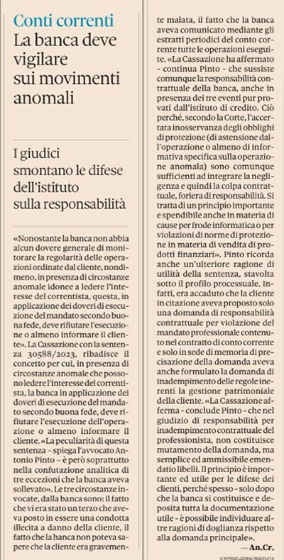 Antonio Pinto sul Sole24ore - Plus24 commenta sentenza della Cassazione che ha condannato una banca per violazione degli obblighi di protezione del cliente titolare di un conto corrente.