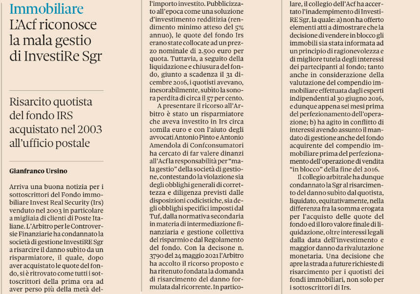 Il Sole 24Ore riporta la vittoria che Antonio Pinto e Antonio Amendola hanno ottenuto nei confronti della Investire SGR