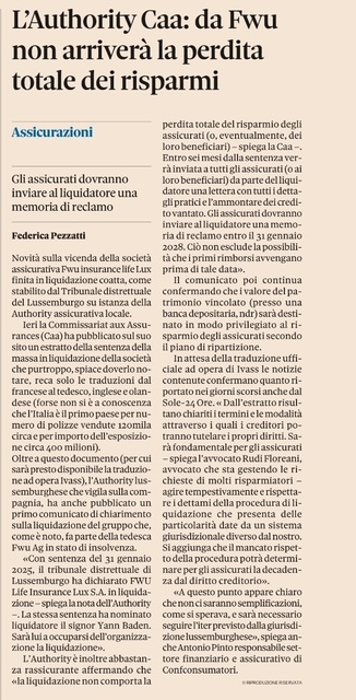 Antonio Pinto intervistato oggi sul Sole 24 Ore sul tema: dal FWU non arriverà la perdita totale dei rimborsi