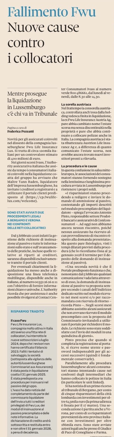 Antonio Pinto intervistato su Plus del Sole24 Ore sulla liquidazione della Compagnia assicurativa lussemburghese FWU