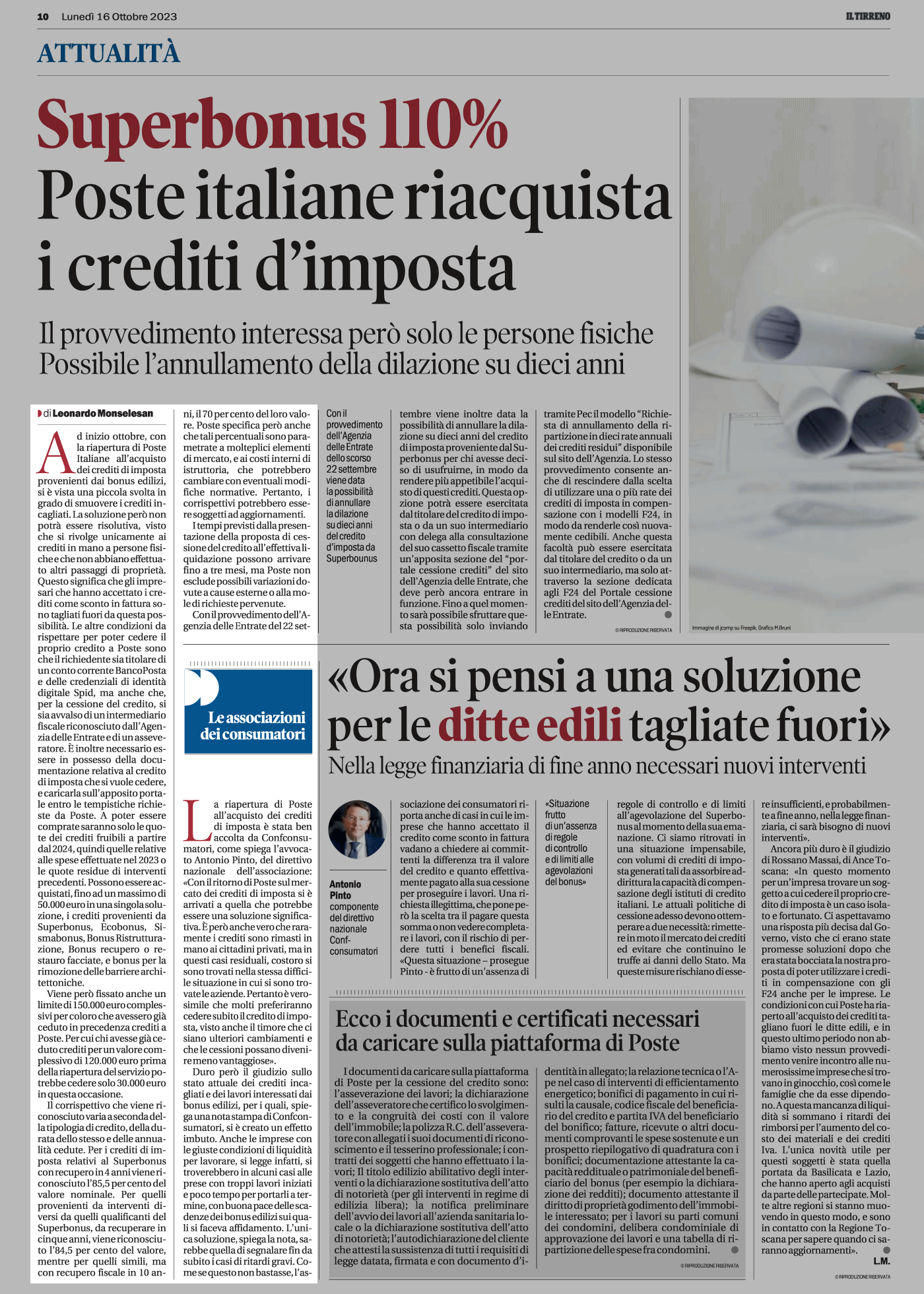 Antonio Pinto intervistato da Il Tirreno su come tutelare i cittadini che non riescono a concludere i lavori edili del Superbonus
