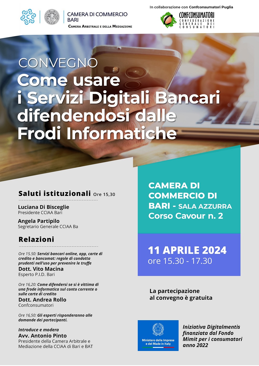 Incontro pubblico realizzato da Confconsumatori e Camera di Commercio di Bari sul tema delle frodi informatiche per gli utenti bancari su conti correnti, app, bancomat e carte di credito