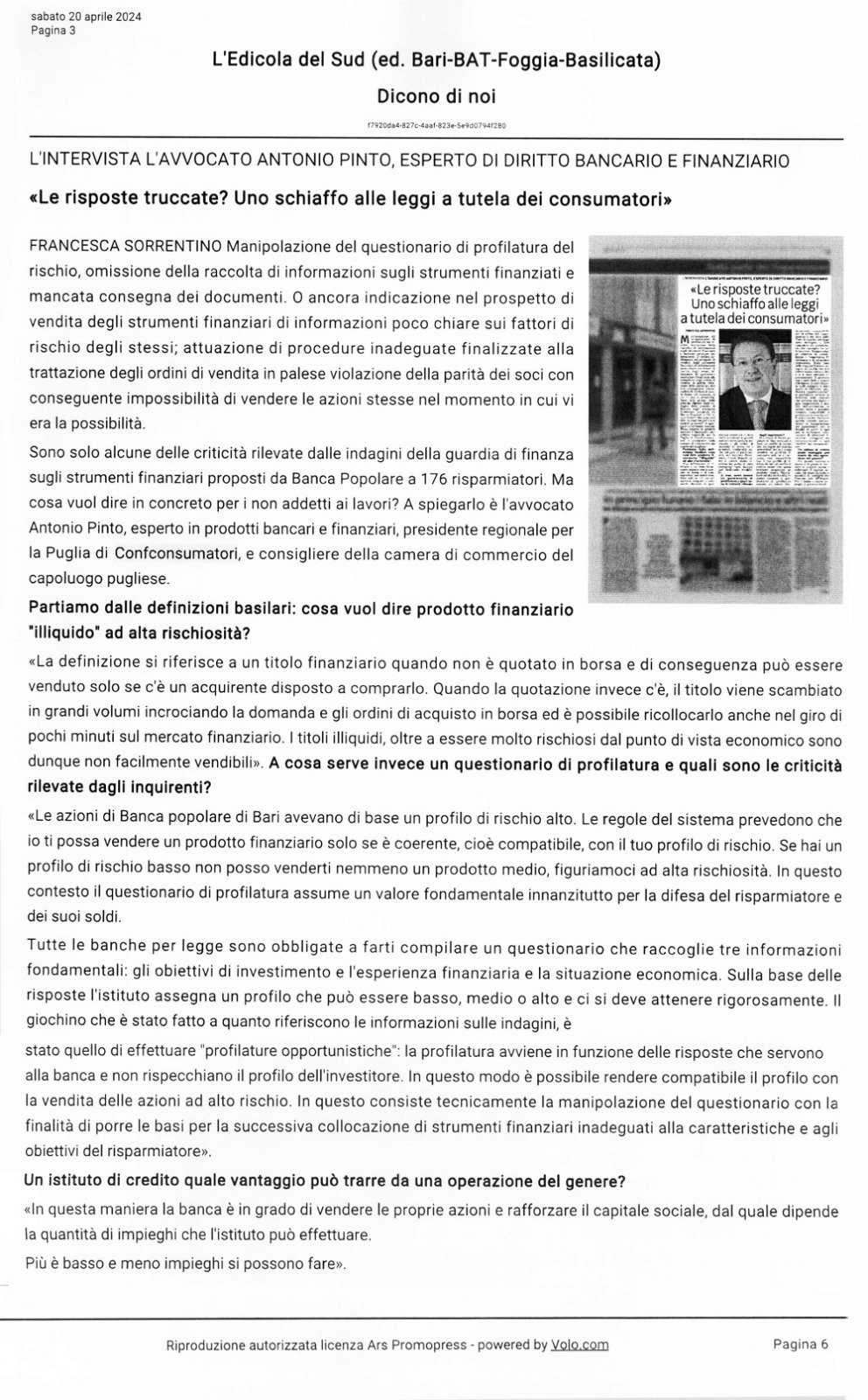 Antonio Pinto intervistato dall'Edicola del Sud sul tema della manipolazione dei questionari Mifid dei clienti di Banca Popolare di Bari
