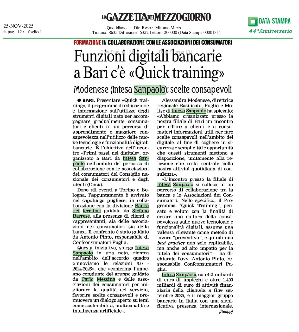 Antonio Pinto relatore all'incontro di Intesa San Paolo 