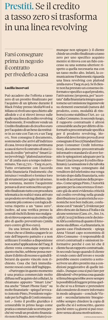 Intervista sul Sole 24Ore ad Antonio Pinto sul tema dei crediti a tasso zero che si trasformano in linea di credito revolving