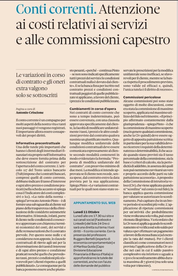 Antonio Pinto intervistato dal Sole 24 Ore sul tema dei diritti utili da conoscere in relazione al proprio conto corrente