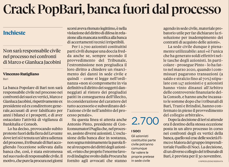Intervista ad Antonio Pinto sul Sole24ore: le conseguenze dell’esclusione della Banca Popolare di Bari dal processo penale