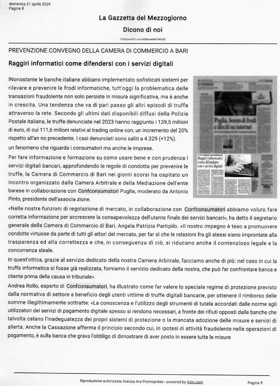 Andrea Rollo sulla Gazzetta del Mezzogiorno sul tema delle frodi informatiche subite dai clienti delle banche