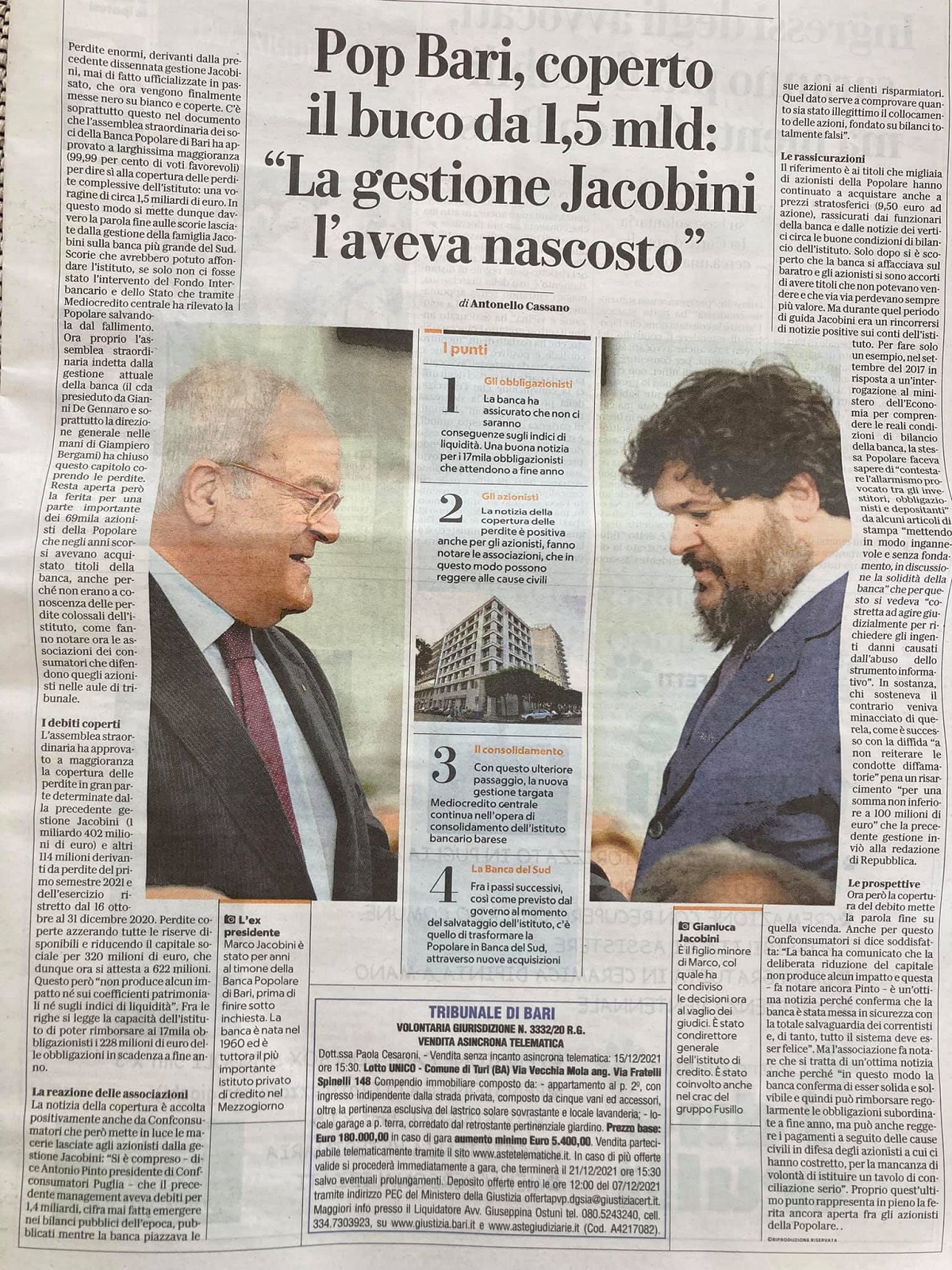 Antonio Pinto intervistato su Repubblica per commentare il bilancio di Banca Popolare di Bari.
