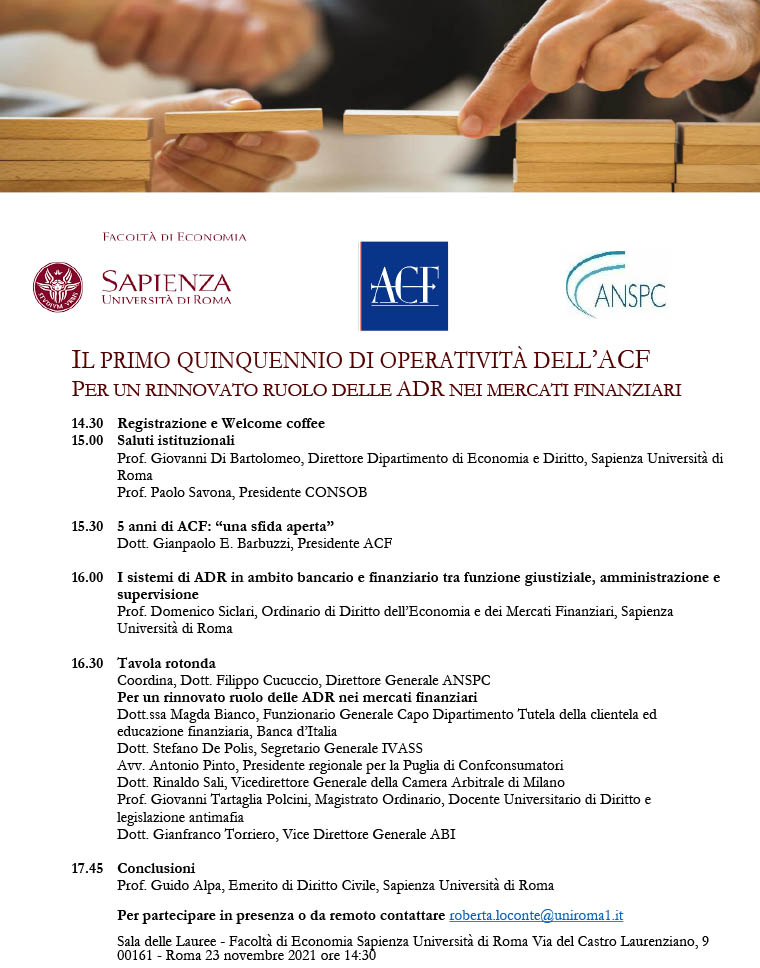 Antonio Pinto relatore al Convegno di Roma su: Il I quinquennio di operatività dell’Arbitro Bancario e Finanziario.
