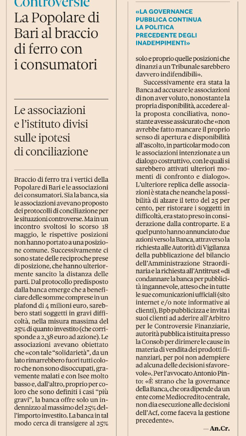 Antonio Pinto intervistato sul Sole 24Ore sul rifiuto della Banca Popolare di Bari ad adempiere le Decisioni ACF